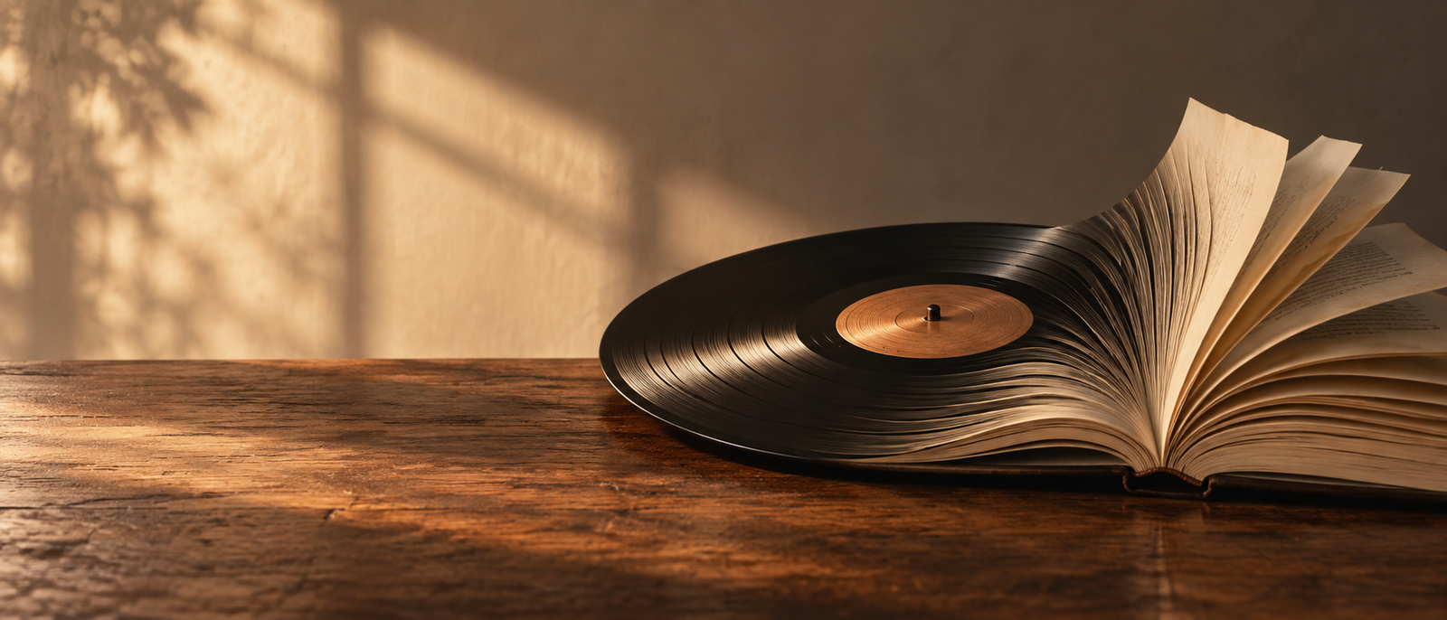 Un disco de vinilo cuyos surcos se transforman en las páginas de un libro abierto