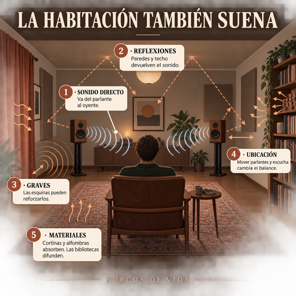 Infografía sobre cómo la habitación influye en el sonido: sonido directo, reflexiones, graves, ubicación y materiales
