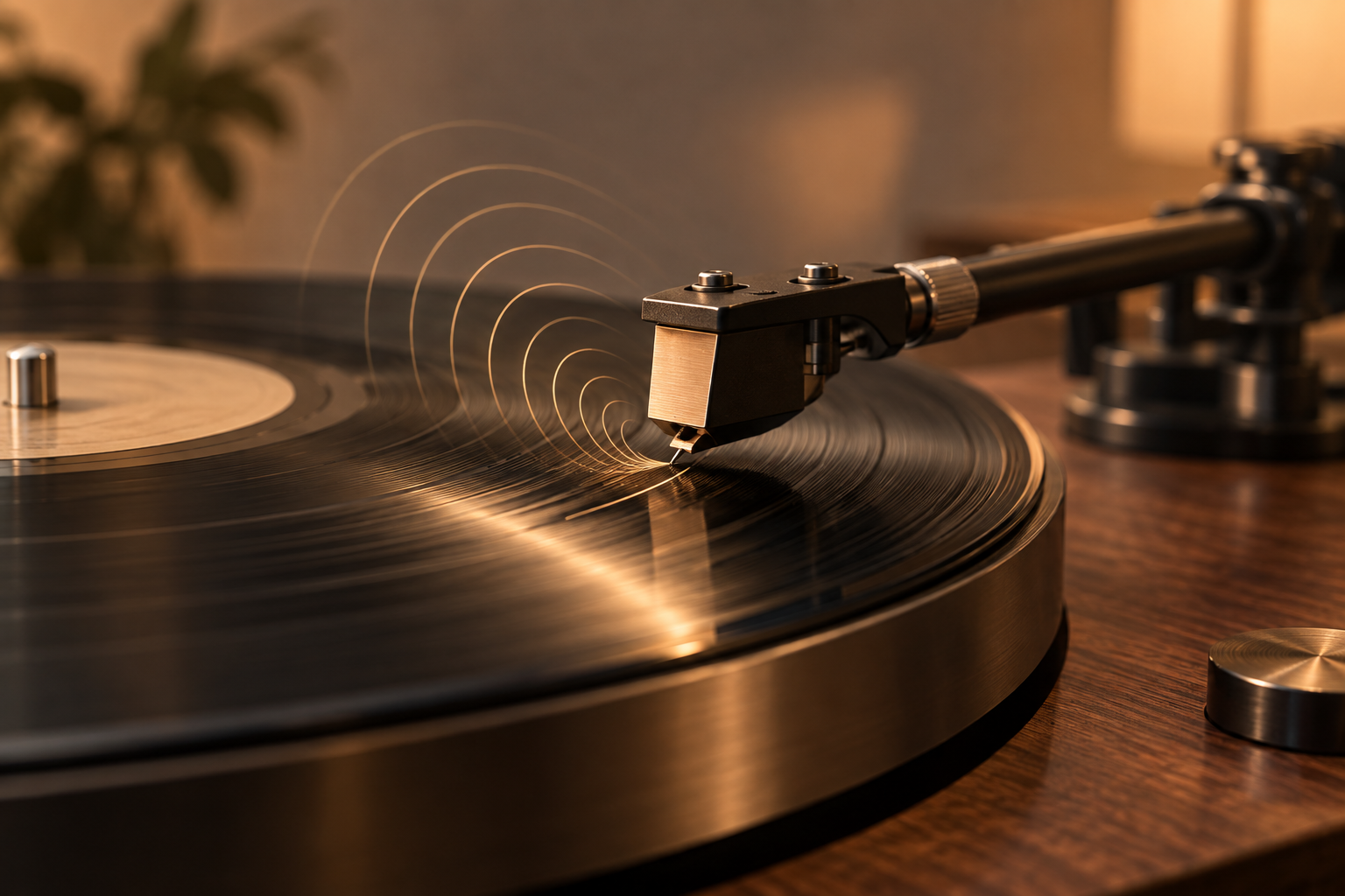 La púa de un tocadiscos recorriendo un vinilo y generando ondas sonoras