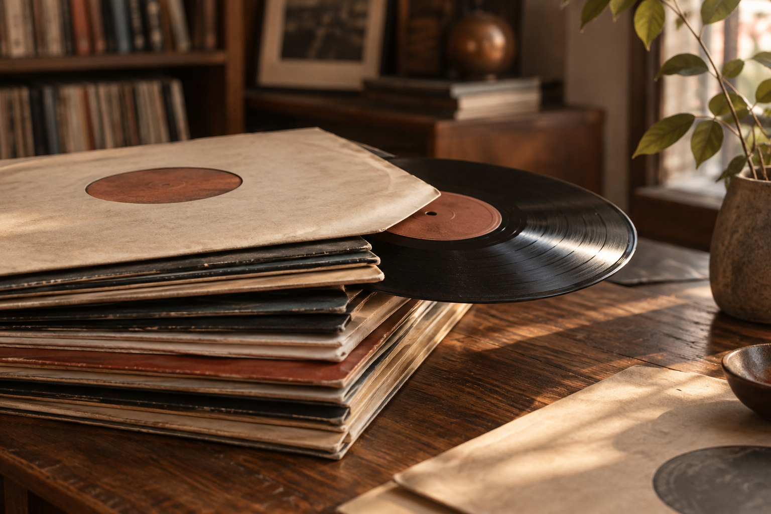 Una selección de discos de vinilo sobre una mesa junto a una biblioteca