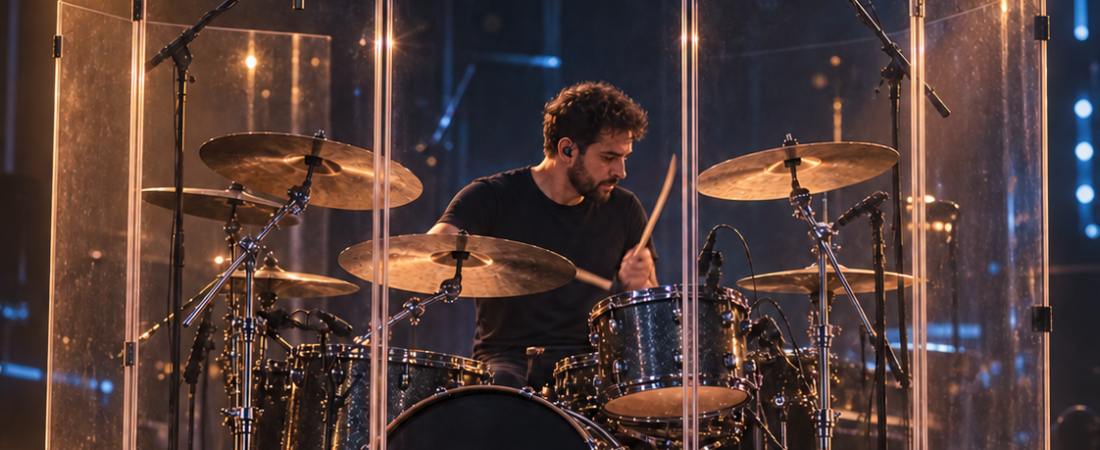 ¿Por qué el baterista toca detrás de una pantalla transparente?